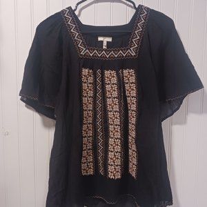 Joie XS Black Embroidered Top Short Sleeves Oversized Flowy Boho
